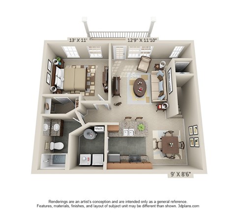 Floor plan for 1 bed, 1 bath, 789 sqft